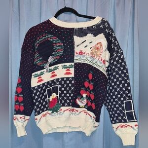 Vintage Sweater Loft Christmas Sweater Cotton Small Wreath, Hearts, Jingle Bells